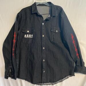 Men's Fitness Wolf ASRV Black Denim Long Sleeve Shirt Size L Horned Skull